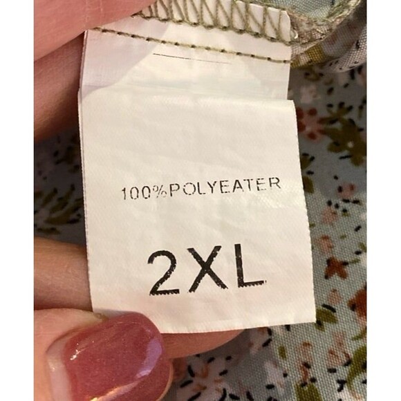 Peasant Blouse Plus Size 2XL Green Print Top Ruffle Elastic Sleeve V Neck Soft - Picture 6 of 8